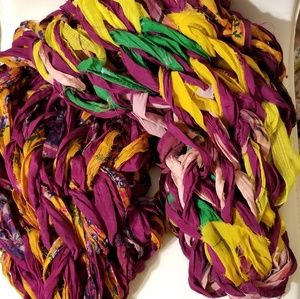 Hand knitted recycled sari ribbon scarf